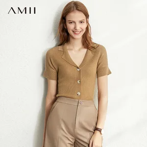 Женская однобортная трикотажная рубашка Amii, однотонный облегающий пуловер, весна-лето 12030006