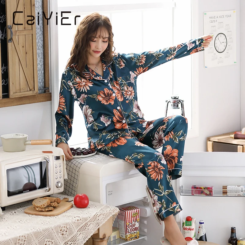 CAIYIER Satin Silk Pajamas for Women's Set Winter Long Sleeve Home Wear Ladies Sexy Tops+Pants  Sleepwear Autumn Home Clothes