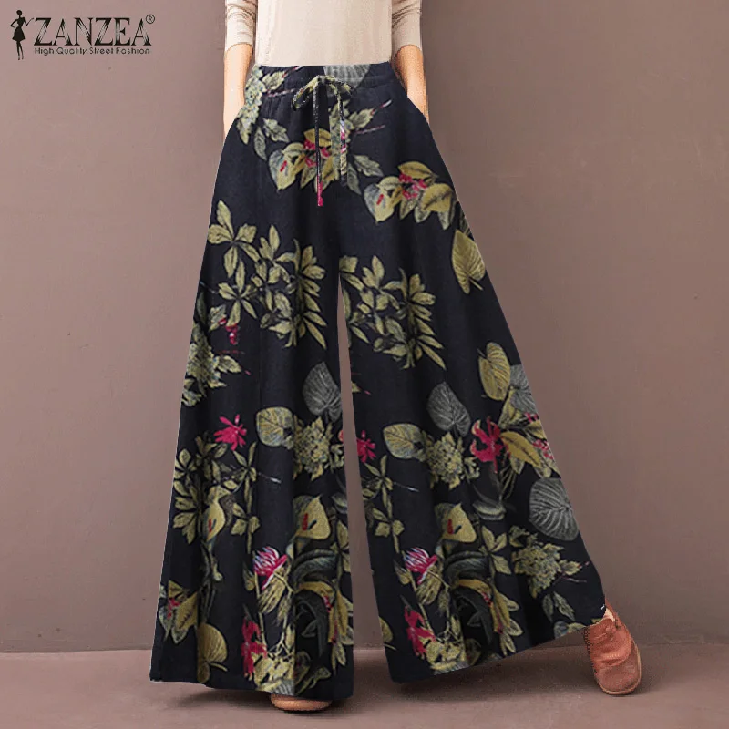 

Casual Loose Long Flare Pantalon Vintage Floral Printed Trousers ZANZEA Women Spring High Waist Wide Leg Pants S-
