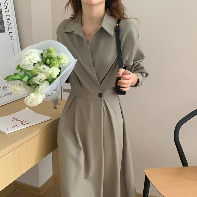 

Женское платье на одной пуговице, элегантное однотонное платье в Корейском стиле с лацканами, длинное платье в стиле ретро, 2021