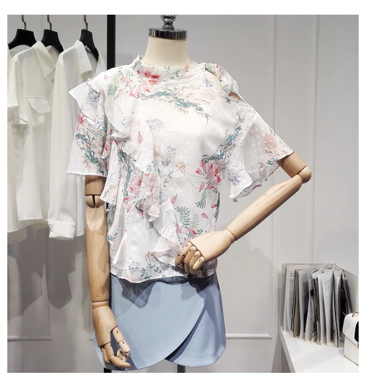 

Fashion Off-Shoulder Floral Shirt for Women 2021 New Summer Blusas Mujer Elegant Ruffle Ladies Top Chiffon Short Sleeve Blouse
