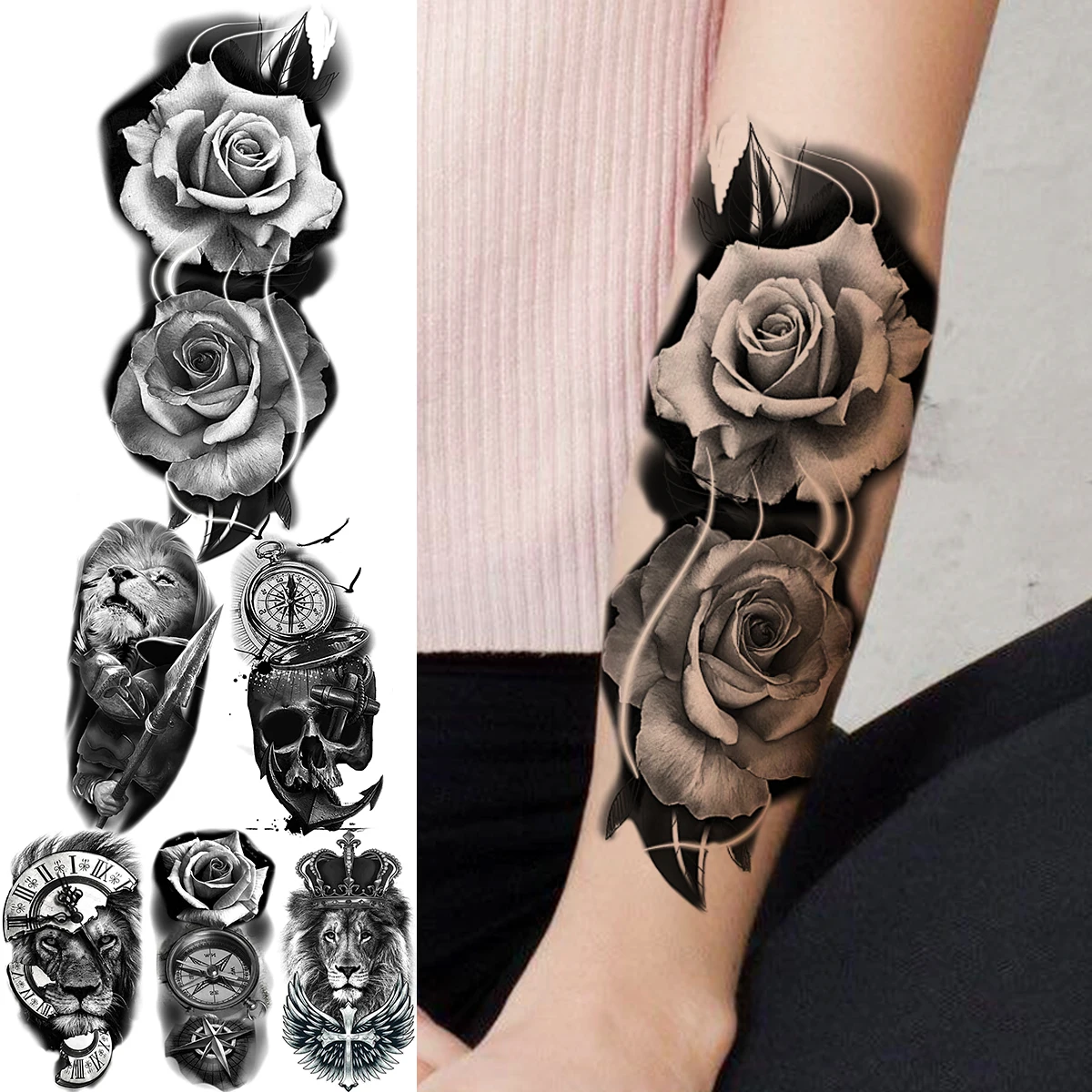 

3D Black Rose Flower Temporary Tattoos For Women Adult Lion Skull Flower Compass Realistic Fake Tattoo Sexy Half Sleeve Tatoos