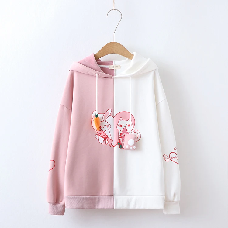 Женская толстовка Kawaii с заячьими ушками и милым кроликом котом, милая Толстовка Harajuku, мягкий розовый пуловер с аниме для девочек, спортивная одежда
