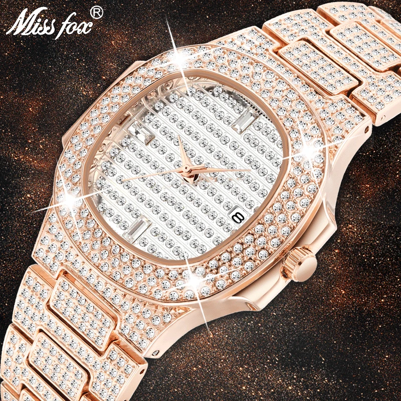 Missfox Роскошные мужские часы Patek, часы из розового золота, уникальные водонепроницаемые кварцевые часы для мужчин, мужские часы с календарем, хронограф, бриллиантовая сталь