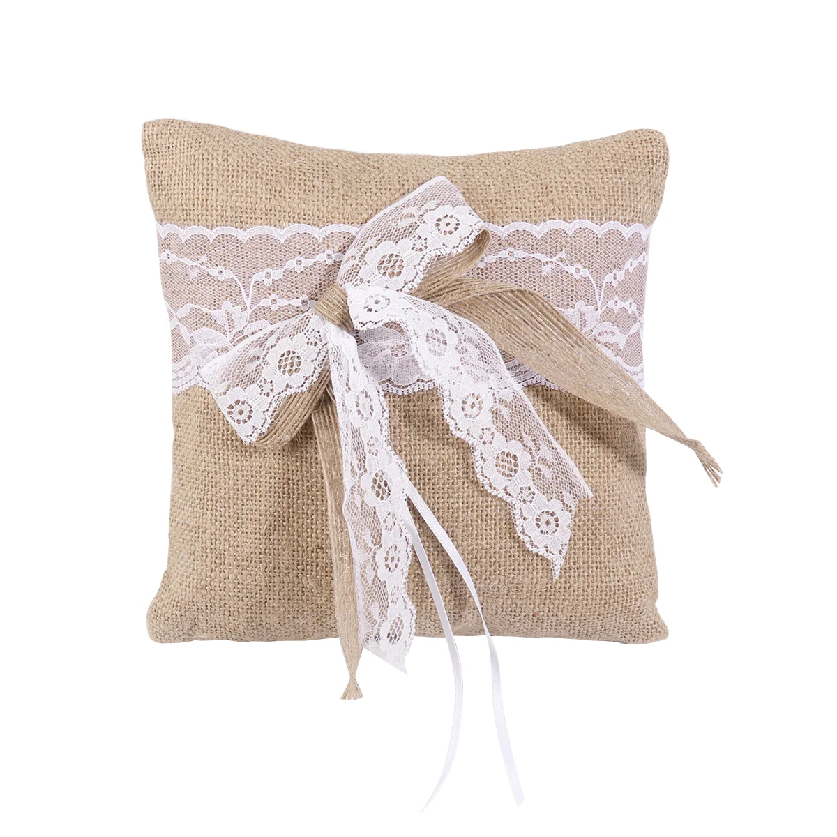 

WINOMO 20 x 20cm Hessian Burlap Wedding Ring Bearer Pillow Cushion with Lace Trim Bowknot