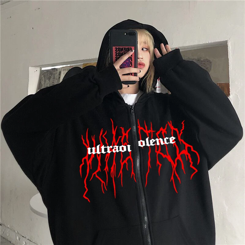 

Hip Hop Streetwear y2k Hoodie 2021 women Graffiti Gothic Print sweatshirt Autumn Harajuku punk E-girl zip-up Outwear top