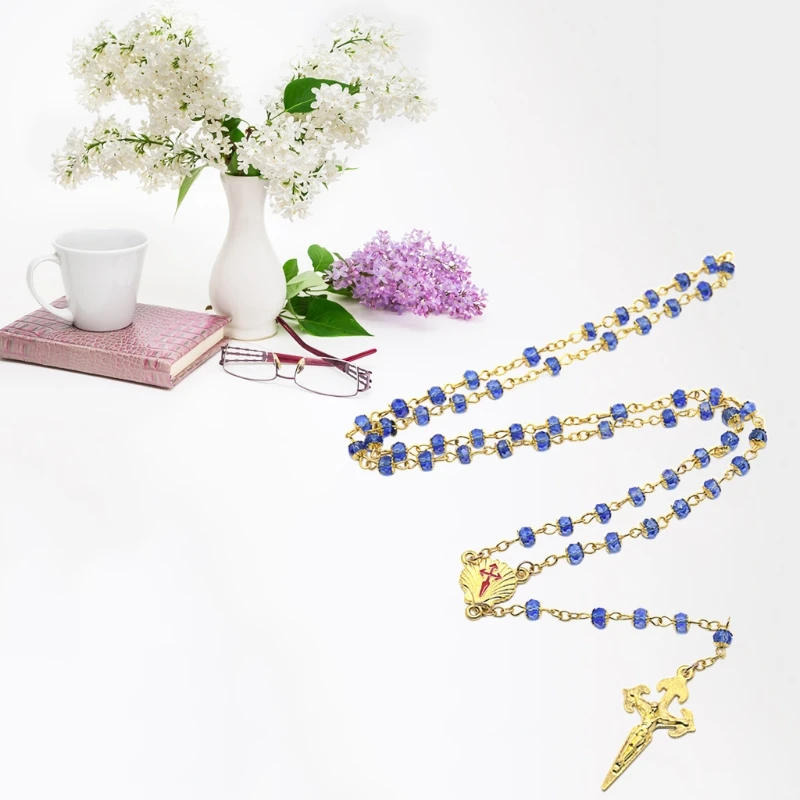 

Handmade Crystal Beads Rosary Necklace Catholic Prayer Jesus Cross Necklace Christian for Men Women Jewelry Charm Gifts