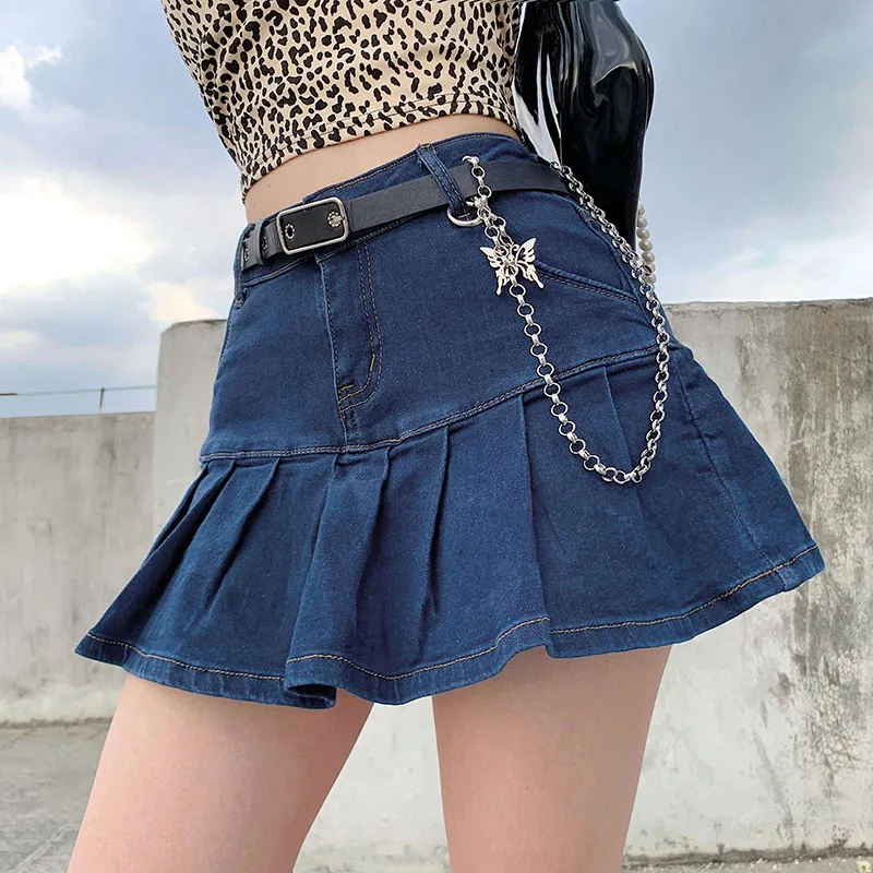 

Denim Skirt Women Streetwear Sexy High Waist Elastic Flouncing Pleated Slim A-line Skirts New Pop Botton Y2k Skirt