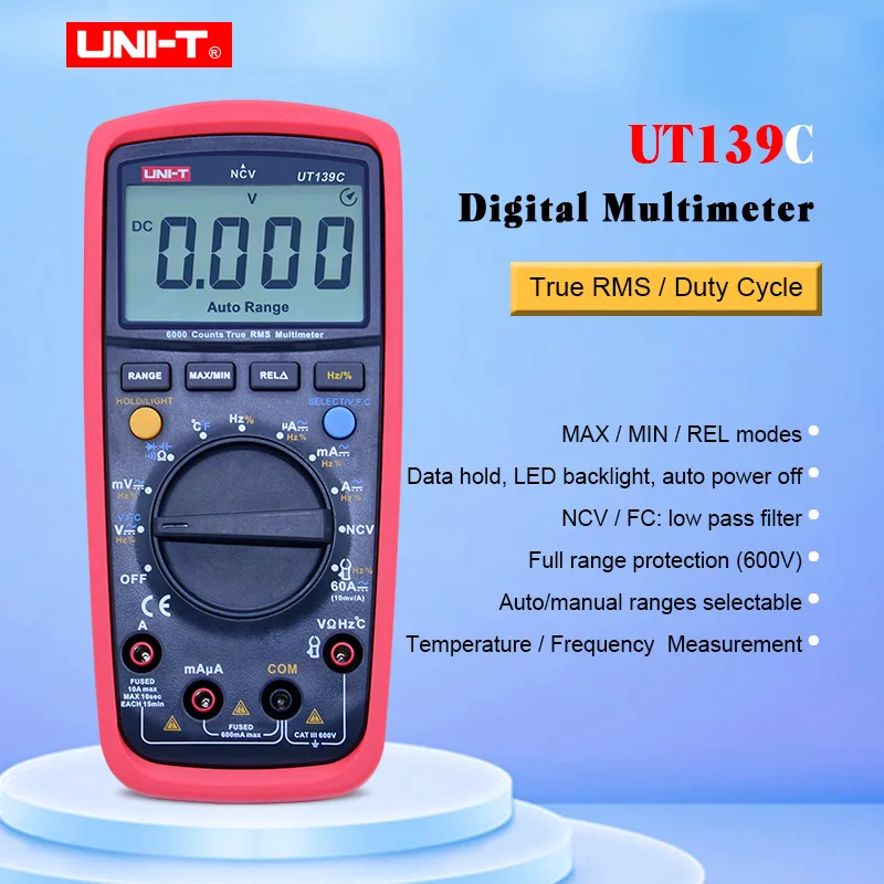 UNI-T UT139C Digital Multimeter True RMS Auto Range Voltmeter Handheld Tester 6000 Count Temperature transistor