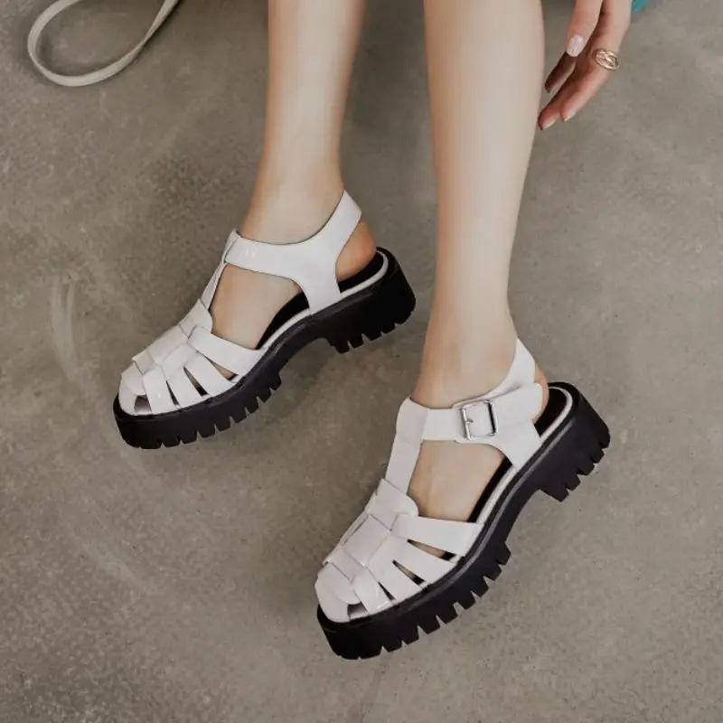 

RIZABINA Real Leather Women Sandals Buckle Strap Street Fashion Platform Summer Shoes For Women Office Lady Footwear Size 34-39