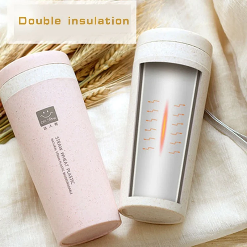 

A 300ml Portable Double Layer Thermal Mug Coffee Tea Water Bottle Travel Mug Bottle Healthy Wheat Fiber Cup