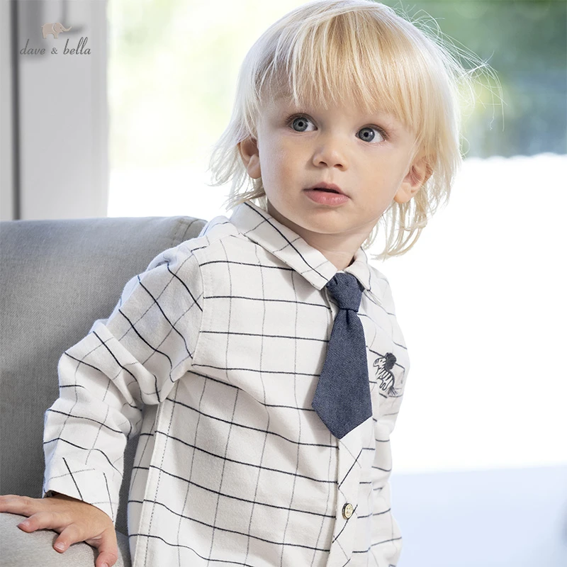 

Осенняя модная клетчатая рубашка для маленьких мальчиков DBX18608 dave bella со съемным галстуком, топы для младенцев и малышей, детская одежда высо...