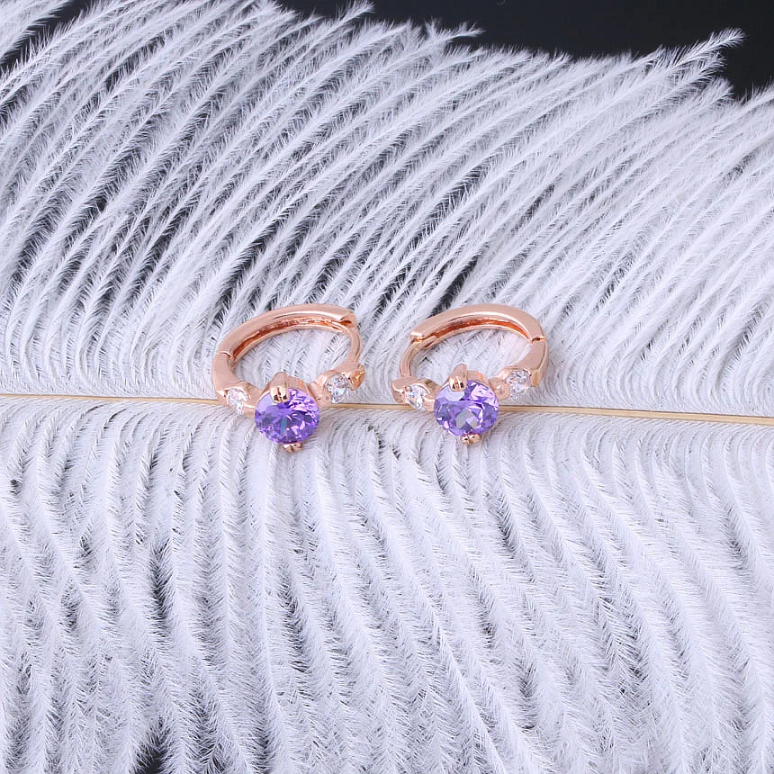 Серьги-пуссеты Love Monologue с фиолетовыми кристаллами CZ и покрытием розовым золотом для свадебного юбилея подарок X0113.
