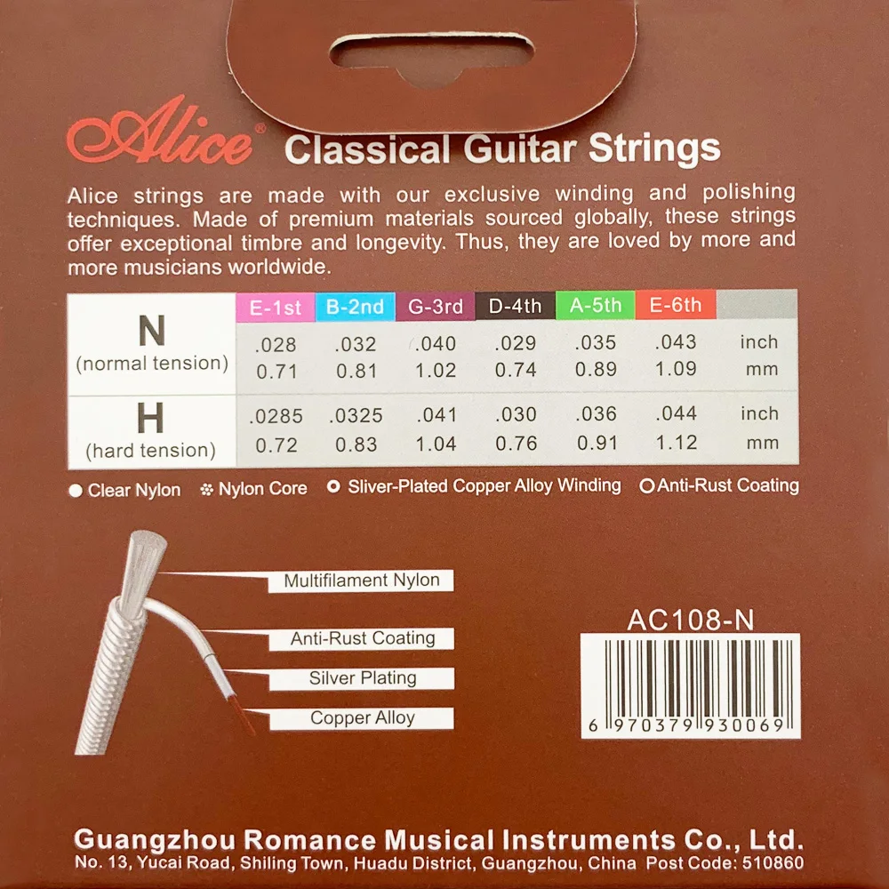 

6 Strings Alice A108-N Original Classical Guitar Strings Set Clear Nylon Silver-Plated Copper Alloy Wound Normal Tension