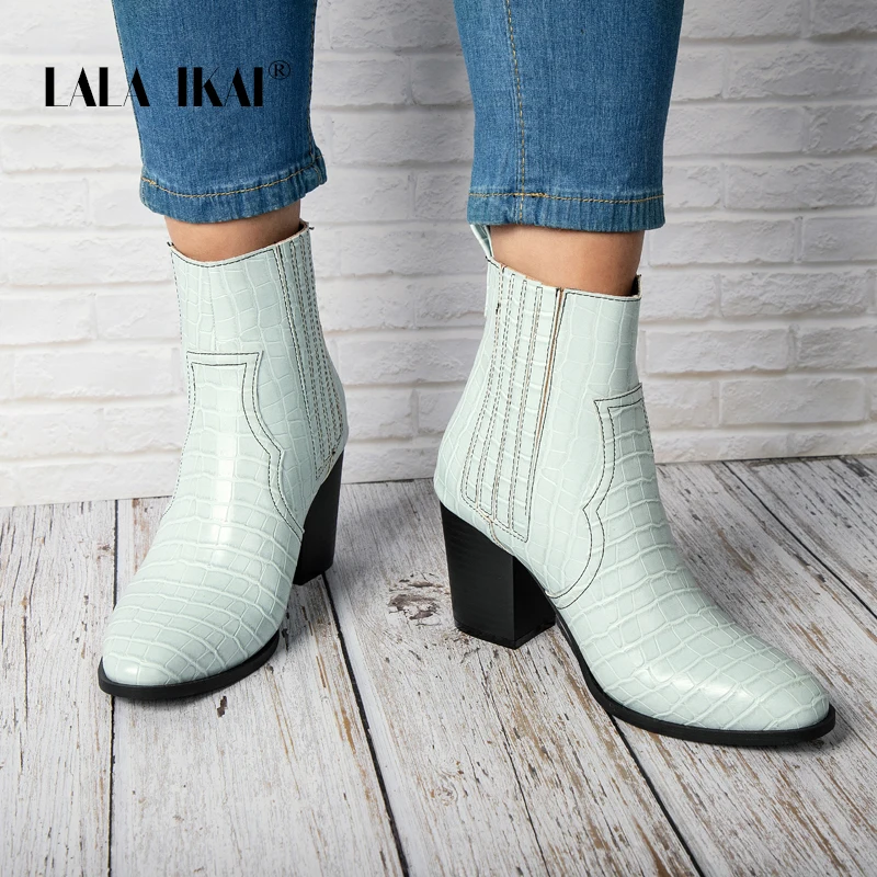 LALA IKAI/женские зимние ботильоны на квадратном каблуке Осенняя обувь из