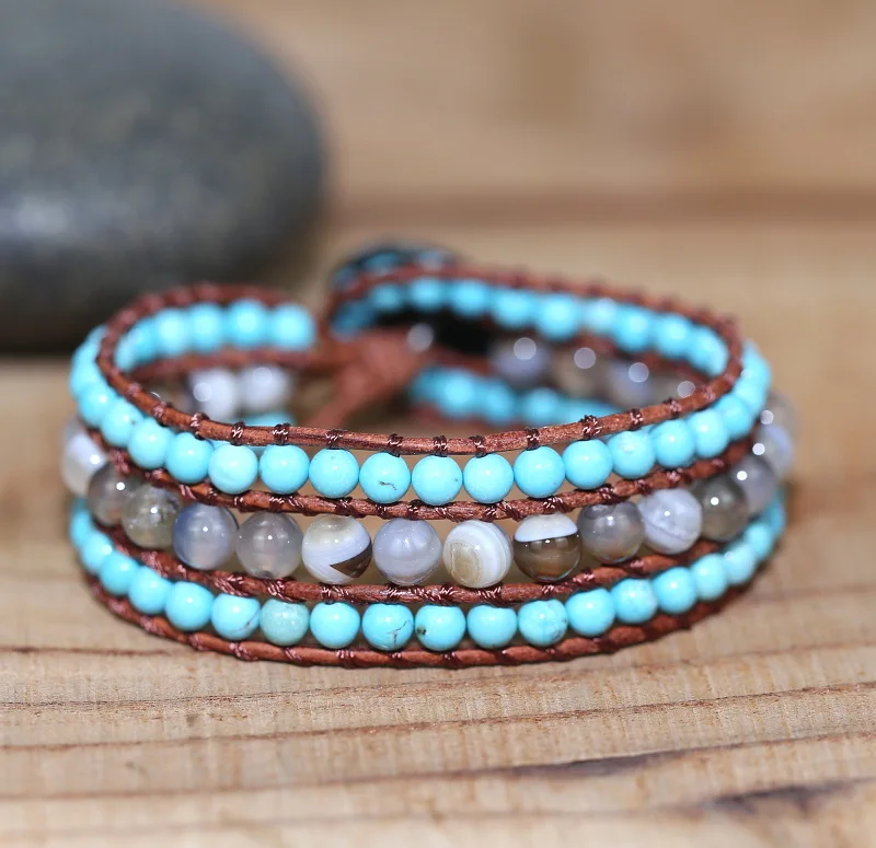 

2021 Quality Women Bracelets Natural Opal Stone Rhinestone Leather Wrap Bracelet Fancy Femme Boho Bracelets Dropship