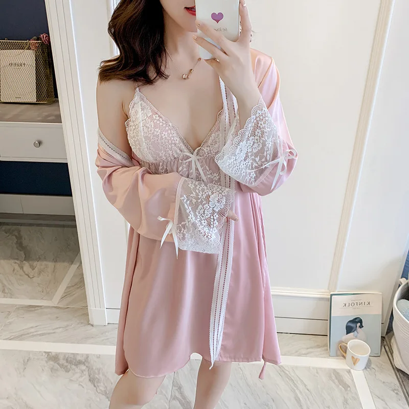 

Women Nightdress 2PCS Nighty&Robe Set Kimono Bathrobe Gown Lace Bridal Wedding Robe Satin Sexy Sleepwear Silky Intimate Lingerie