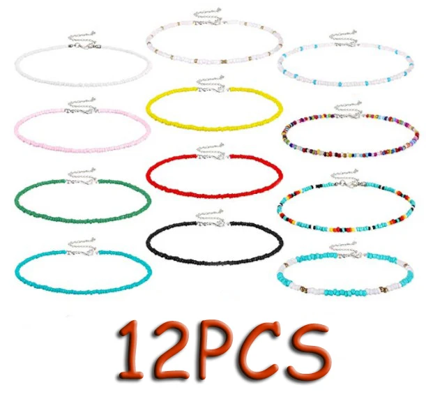 12PCS Visco, колье из бисера, крошечное колье из бисера, бохо, цветное колье, ожерелье на цепочке, ювелирное изделие для женщин и девушек, регулируемое - Окраска металла: 12PCS