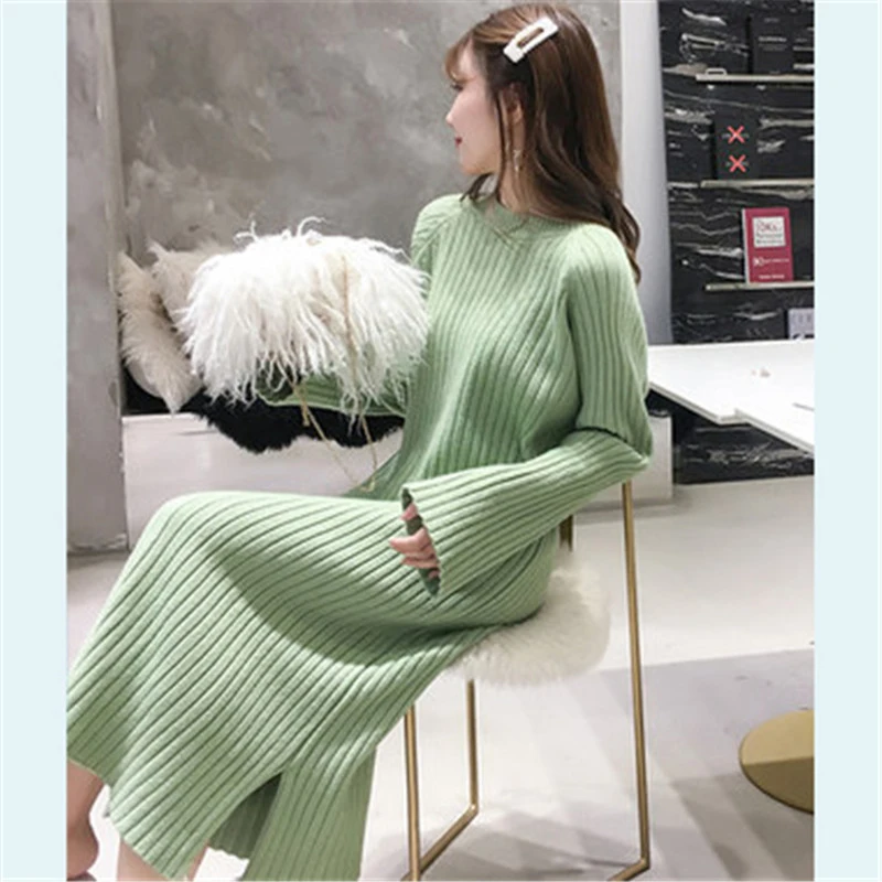 

Fashion Casual plus size pink O-Neck loose straight knitted dress 2020 winter Split warm long winter basic sweater dress 3XL