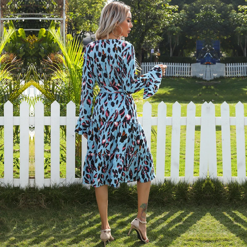 

Vintage Bohe Women's Dress Casual Loose Leopard Printed V-neck Button Long Sleeve Dress Elegant Wrap Hip Women's Dress Robe