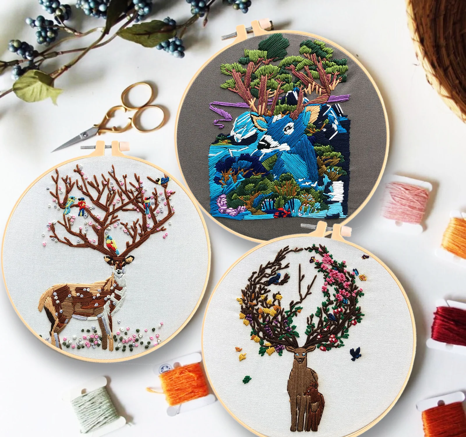

Forest Deer with Flower Embroidery Kit DIY Needlework Delicate Needlecraft for Beginner Cross Stitch Artcraft(With Hoop)
