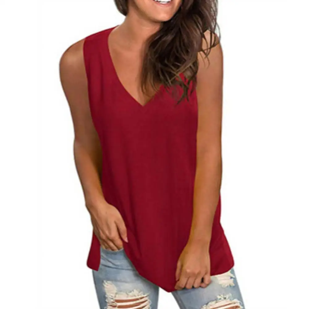 

2021 Women Casual Summer Solid Color V Neck Sleeveless Loose Vest Blouse T-shirt Tropical Crop Tops