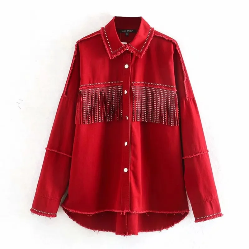 

2021 Autumn New Vintage Fashion Coats Frayed Design Ladies Outerwear Casua Fringe Beaded Loose Streetwear Denim Jackets Woman