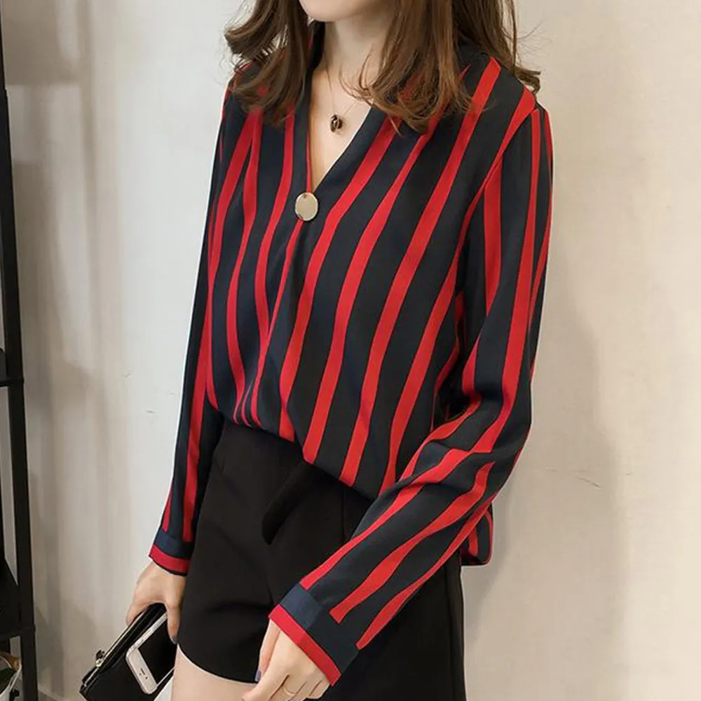 

Chiffon Blouse Lightweight Tops Sport Shirt Comfortable Red Home Women'S Tops Casual Stripe Women Office