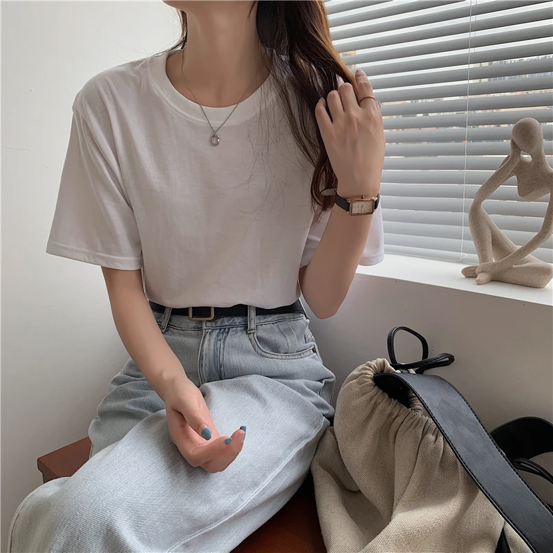 

HziriP Summer Chic Fashion Loose Korean Style All-Match Ladies Shirt 2021 Hot Solid Color O Neck Cotton Short Sleeve T-Shirt