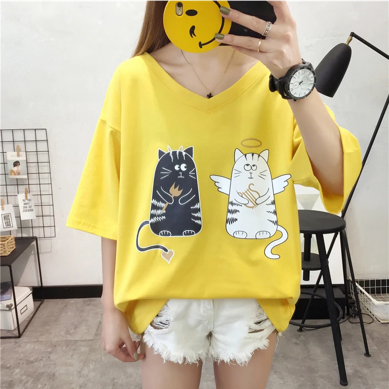 

Women Aesthetic Harajuku Short Sleeve Cute Shirt O Neck Top Plus Size Women T-shirt Clothing Black And White Cat Print T Shirts