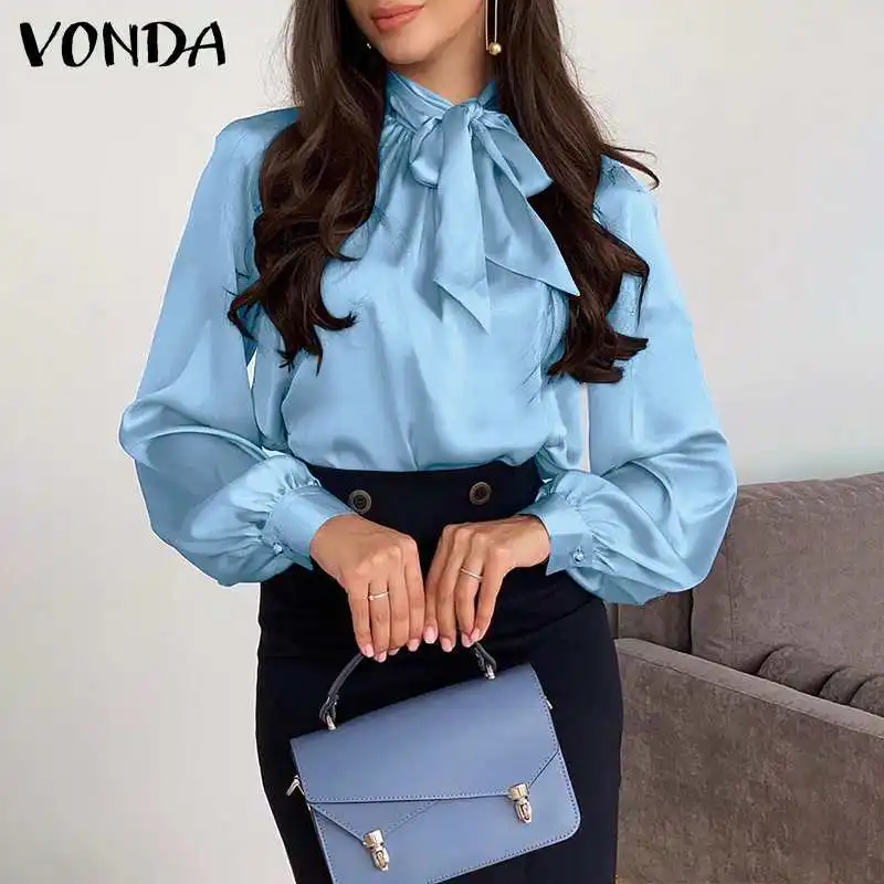 

Женский топ VONDA весенний фонарь рукав бант с высоким воротом на пуговицах рубашки для мальчиков повседневные однотонные Цвет вечерние блуз...