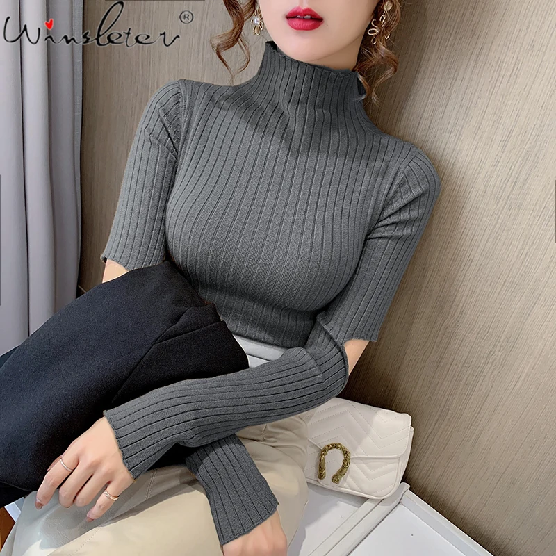 

Осенне-зимний вязаный свитер в Корейском стиле, элегантная женская модная сексуальная Однотонная рубашка с длинным рукавом и вырезами, обл...