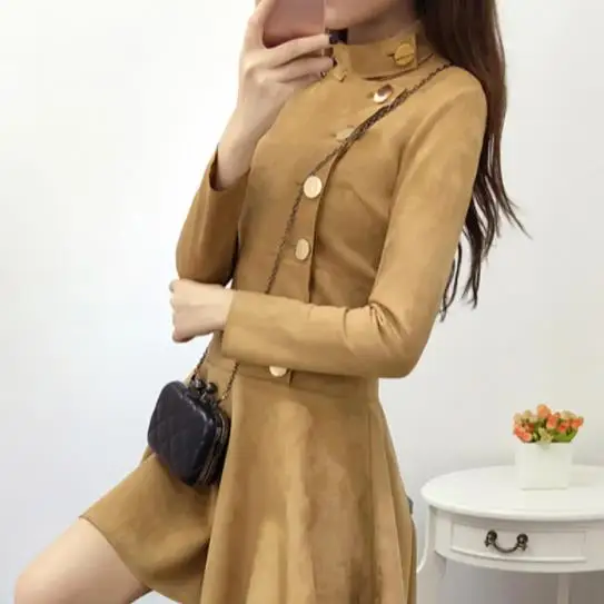 Замшевое платье осенняя и зимняя одежда корейское тонкое Европейское винтажное