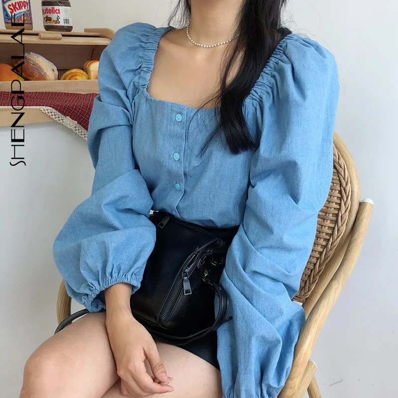 SHENGPALAE 2020 женские блузки с квадратным воротником и длинным рукавом корейская мода