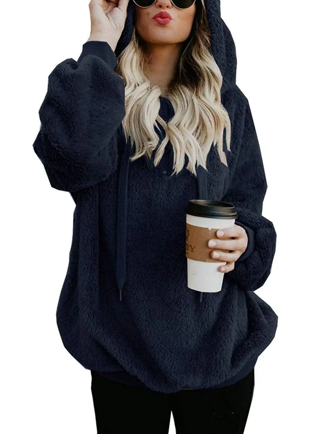Women's Autumn Winter Suede Long-sleeve Hoodies Loose Casual Velour Hoodies Pullover Sweatshirt Large Size Sherpa Pink Clothes - Color: Navy Blue