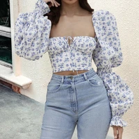 fashion floral top women white sweet square neck long puff sleeve ruched drawstring crop top autumn woman party blouse 2020 new
