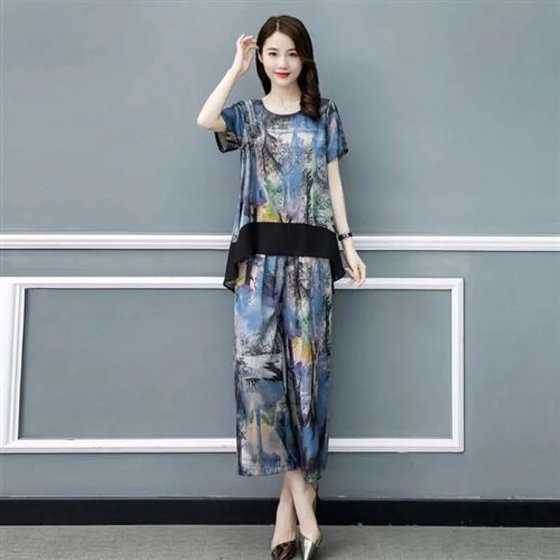 

Женский Повседневный костюм из 2 предметов, рубашка с круглым вырезом и брюки с широкими штанинами, элегантный костюм большого размера D536, в...