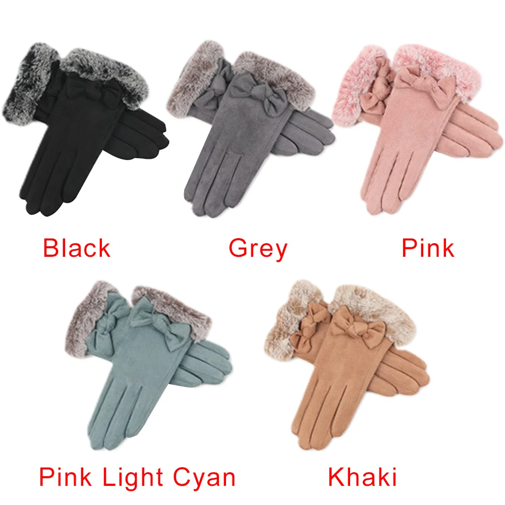 

Bow Tie Fluffy Autumn Protective Women Winter Gloves Faux Suede Cozy Full Finger TouchScreen Soft Warm Outdoor Thicken Adult