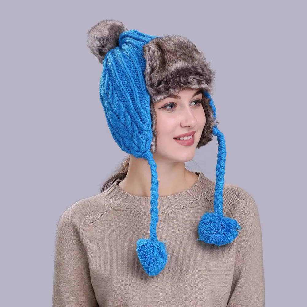 Теплая женская зимняя шапка с ушками Снежная Лыжная Толстая Вязаная Шерстяная Круглая Шапочка шапка Повседневная Уличная шапка-бомбер