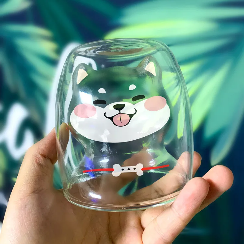 Милые Косплей Shiba «Лисья Секретная служба»(Inu чашки Стекло двойной-Слои термостойкого Кофе Чай сок LuckyCup тапочки с изображением милой собаки прозрачный Цветной детский молочный напитки