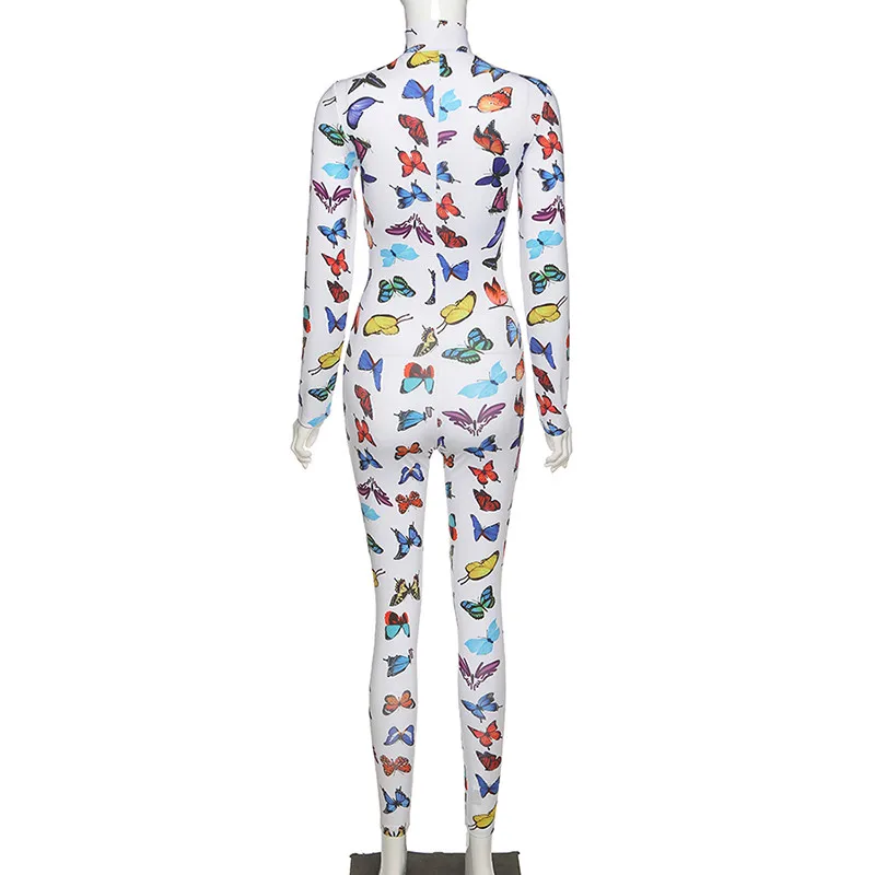 

2021 women Butterfly printed Jumpsuits Sexy Ladies long sleeve fitness jumpsuit slim fit zipper Jumpsuits romper overalls