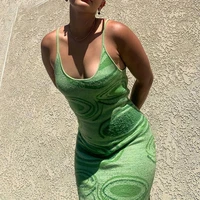 2021 print knit bodycon dress women green y2k summer hollow out sexy sleeveless spaghetti strap beach midi party dresses vintage
