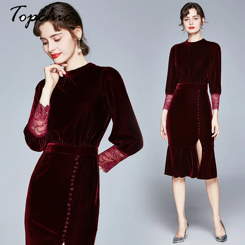 

Vintage Black Velvet Woman Dress 2021 Autumn Winter Sexy Lace Patchwork Long Sleeve Midi Mermaid Party Dress Women