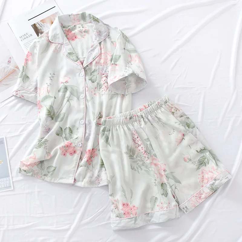 Summer Woman Pajamas Set Cotton Silk Short Sleeve with Shorts Thin  Person Cotton Sleepwear Woman's Cardigan Casual Home Wear