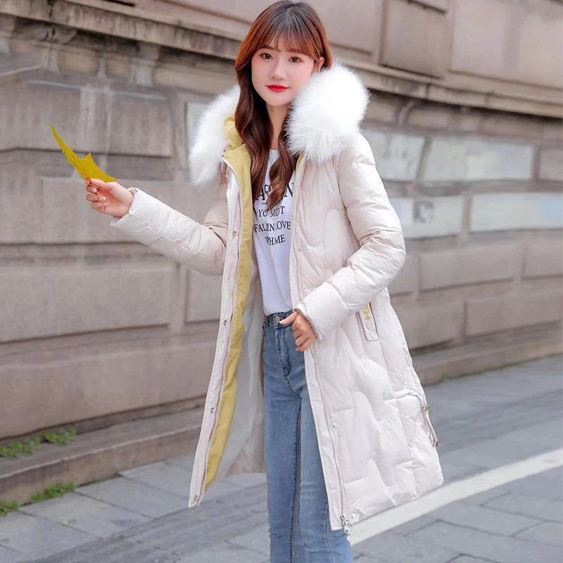 

Parkas Women Solid Hooded with Fur Slim Hooded with Fur Ladies Casual Long Winter Jacket Zipper Pockets Outwear for Female