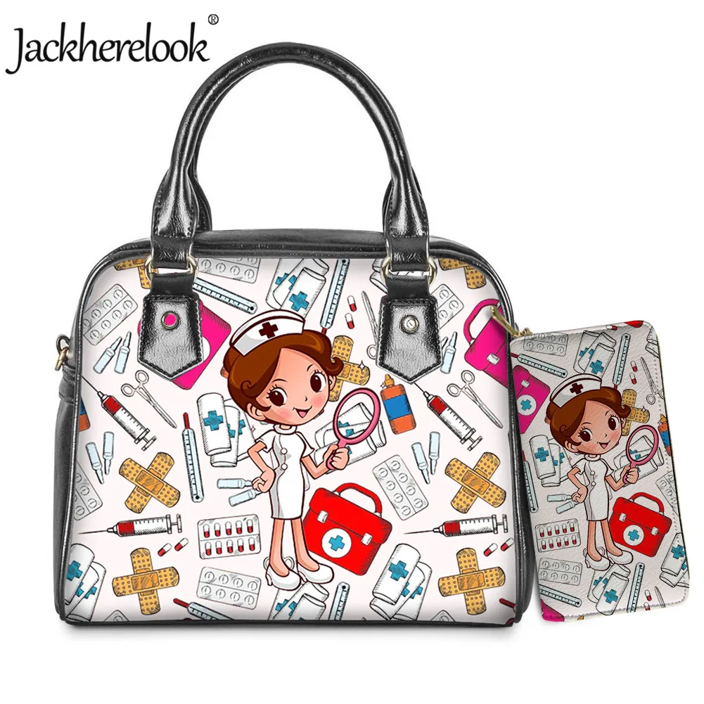 Jackherelook Medical Doodle Print Nurse/Doctor Handbag Clutch Wallet 2pcs/Set Womens Luxury PU Crossbody Bag & Coin Purse bolso
