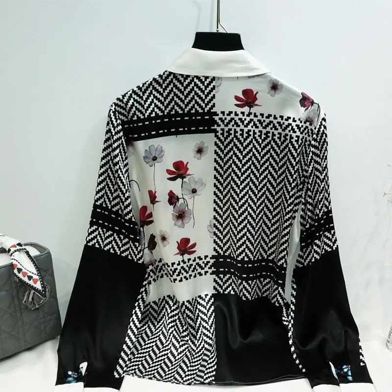 

Luxury 100% Real Silk Blouse Women 2021 Spring Designers Long Sleeve Print Office Shirt Femino Blusas Casual Vintage Tops