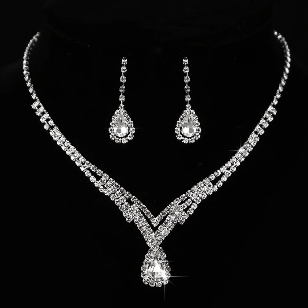 

L104 New Bride Necklace Earring Set Chain Water Drop Crystal Wedding Zircon Jewelry 2-Piece Accessories