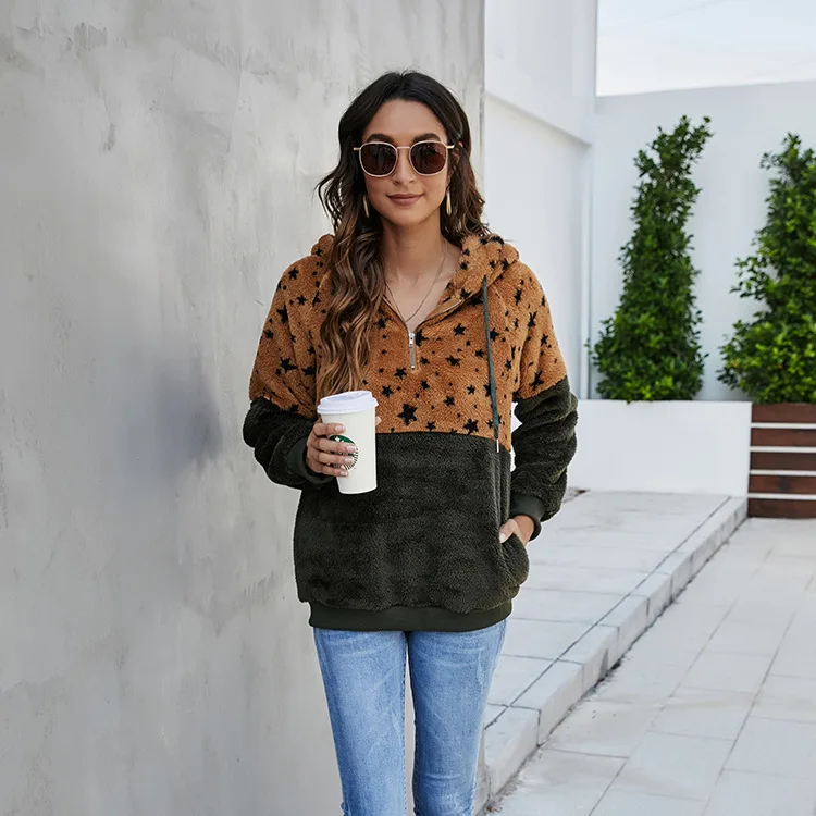 

Donsignet Women's Sweater New Fashion Spring and Autumn Pocket Loose Knit Long Sleeves Hooded Collar Pullover Star Stitching