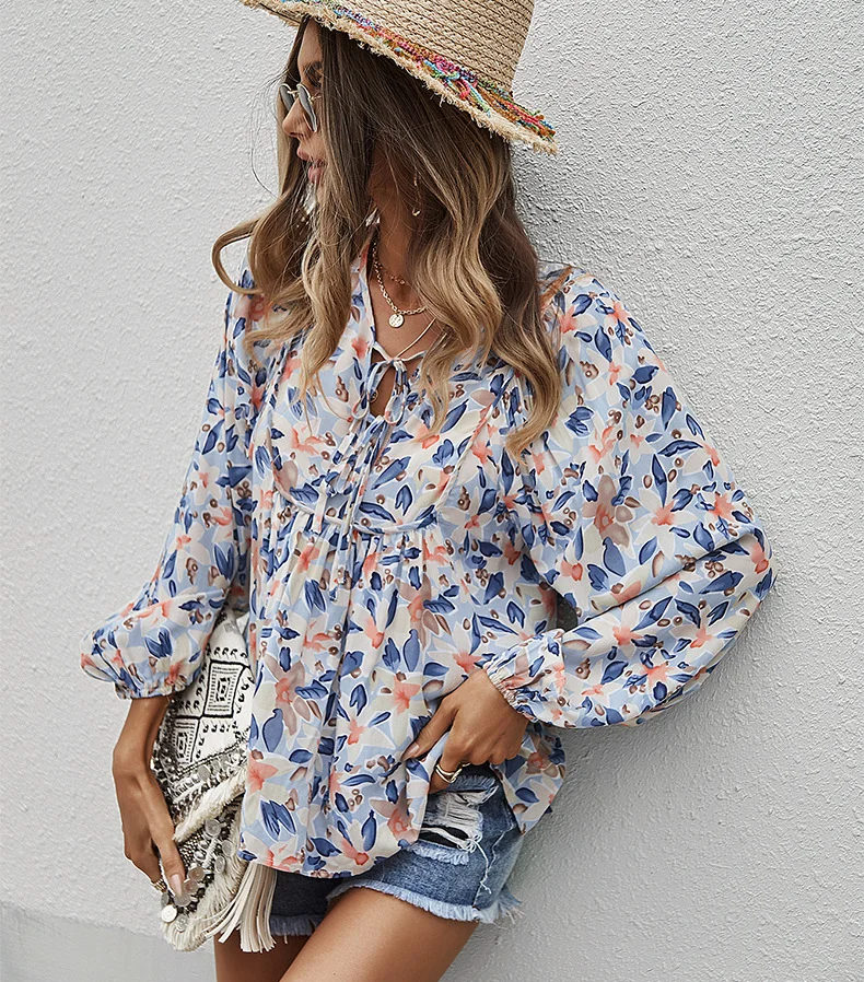 

AYUALIN Boho Ladies Tops Lantern Long Sleeve Rayon Floral Print Blouses For Women 2022 V neck shirt Beach Casual Loose Blusas